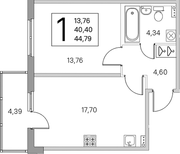 1-комнатная квартира 41.72 м², 1/4 эт., ЖК «Любоград в Стрельне»